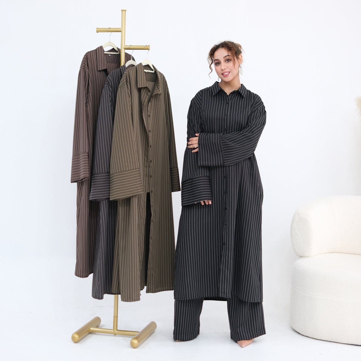 Pinstripe Oversized Shirt & Wide-Leg Trouser Set(MS452)