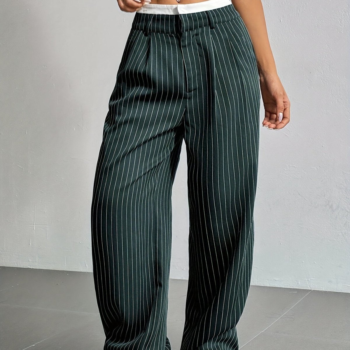 Pinstripe Wide-Leg Pants | High Waist Contrast Waistband Trousers(MS244)