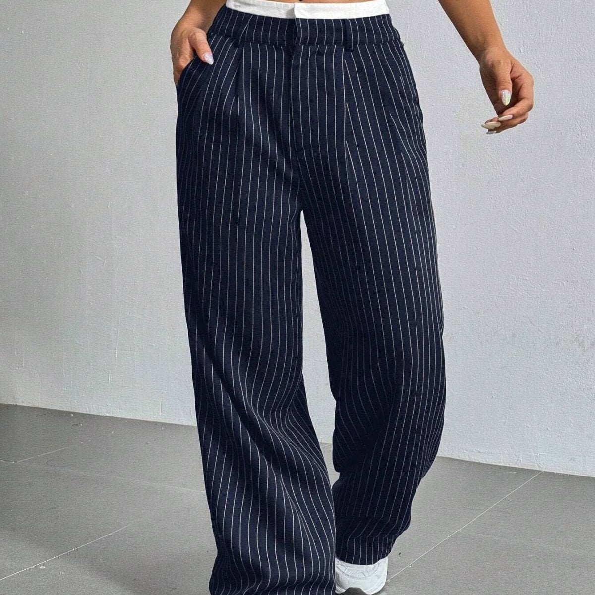 Pinstripe Wide-Leg Pants | High Waist Contrast Waistband Trousers(MS244)