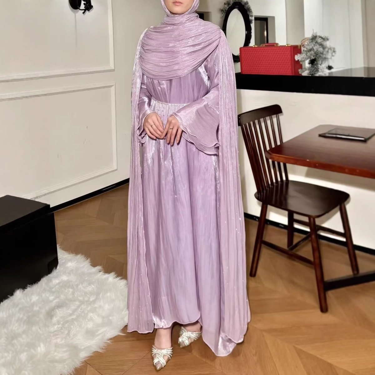 Pleated Cape Sleeve Abaya Maxi Dress(MA430)