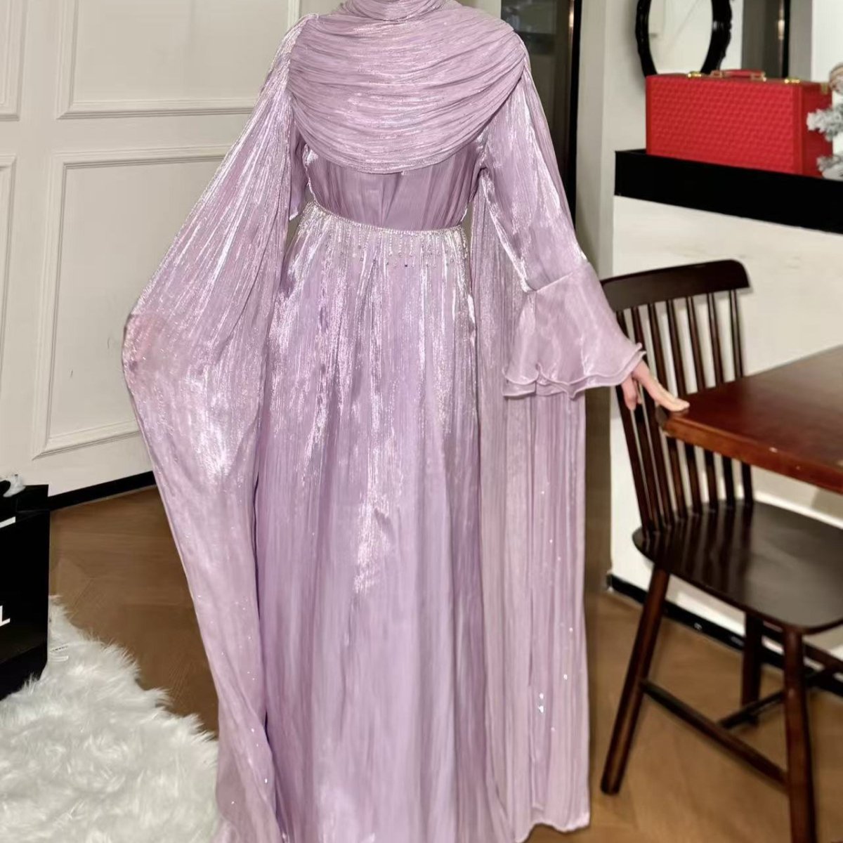 Pleated Cape Sleeve Abaya Maxi Dress(MA430)