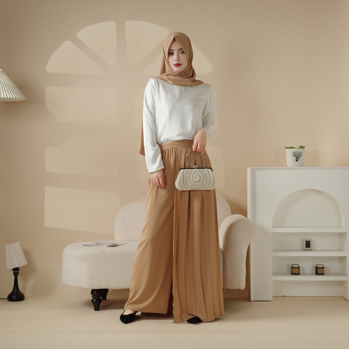Pleated Overskirt, Wide-Cut Pants & Matching Hijab Set (MS025)