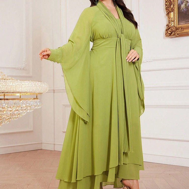 Plus Size Pleated Tie-Neck Maxi Dress(MS370)