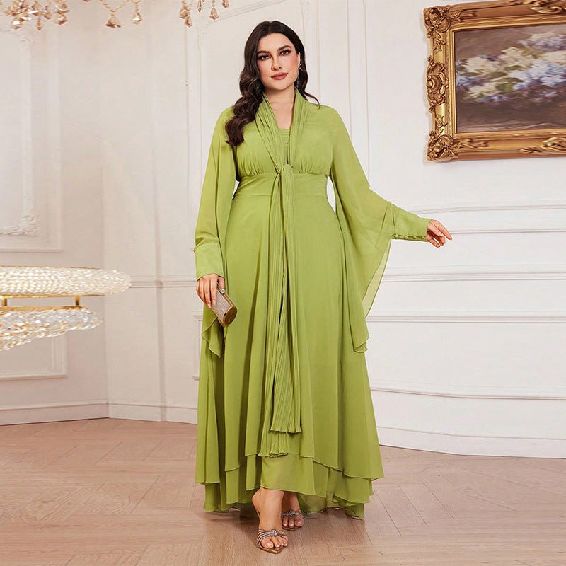 Plus Size Pleated Tie-Neck Maxi Dress(MS370)