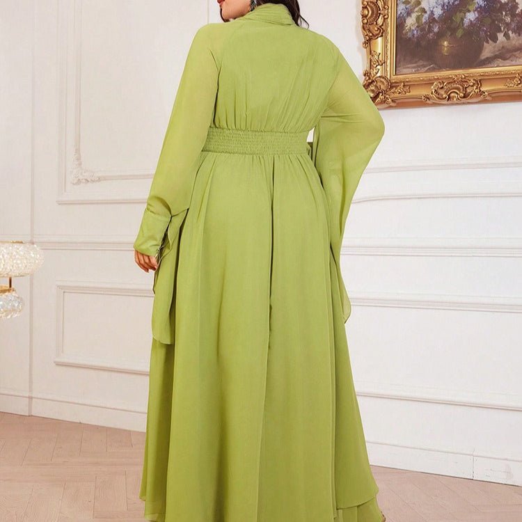Plus Size Pleated Tie-Neck Maxi Dress(MS370)
