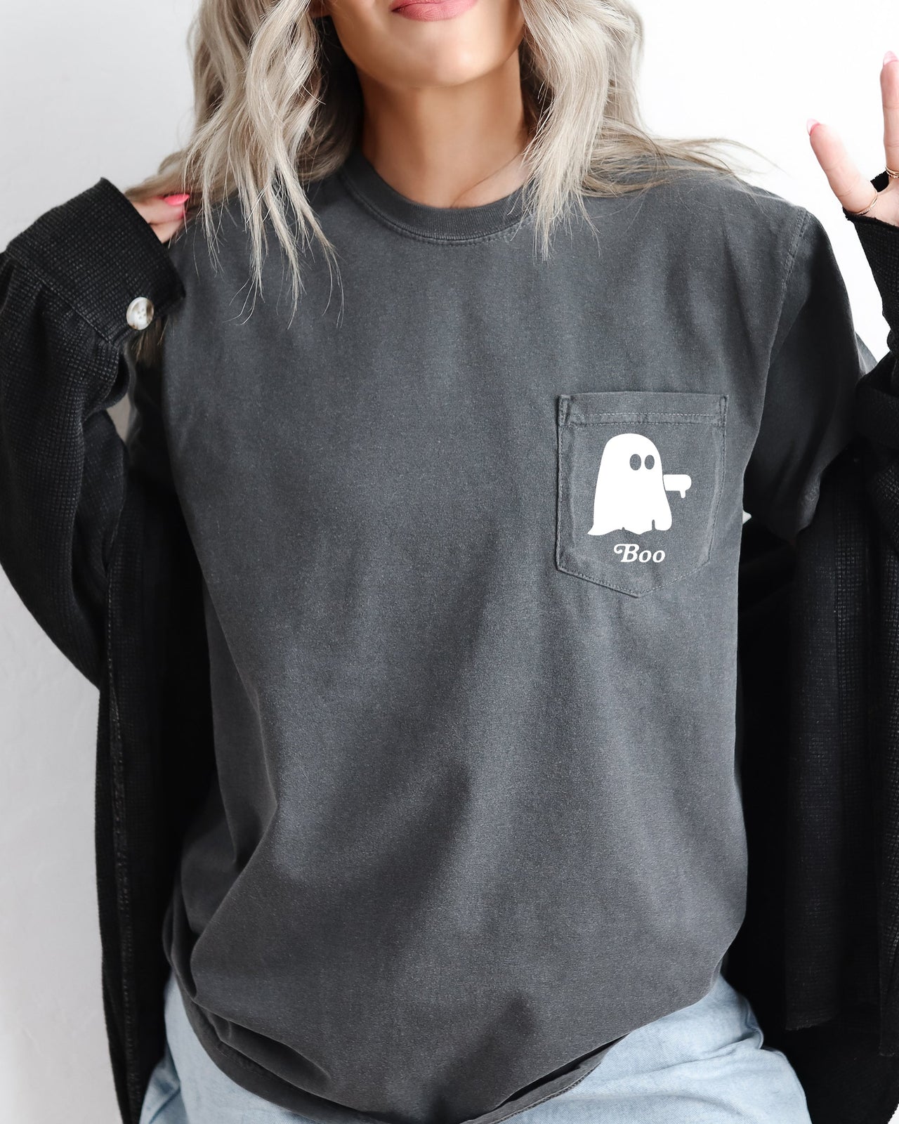 Boo Thumb Ghost Halloween Pocket Tee Graphic Illustration Featuring Friendly Ghosts Comfort Colors Tee