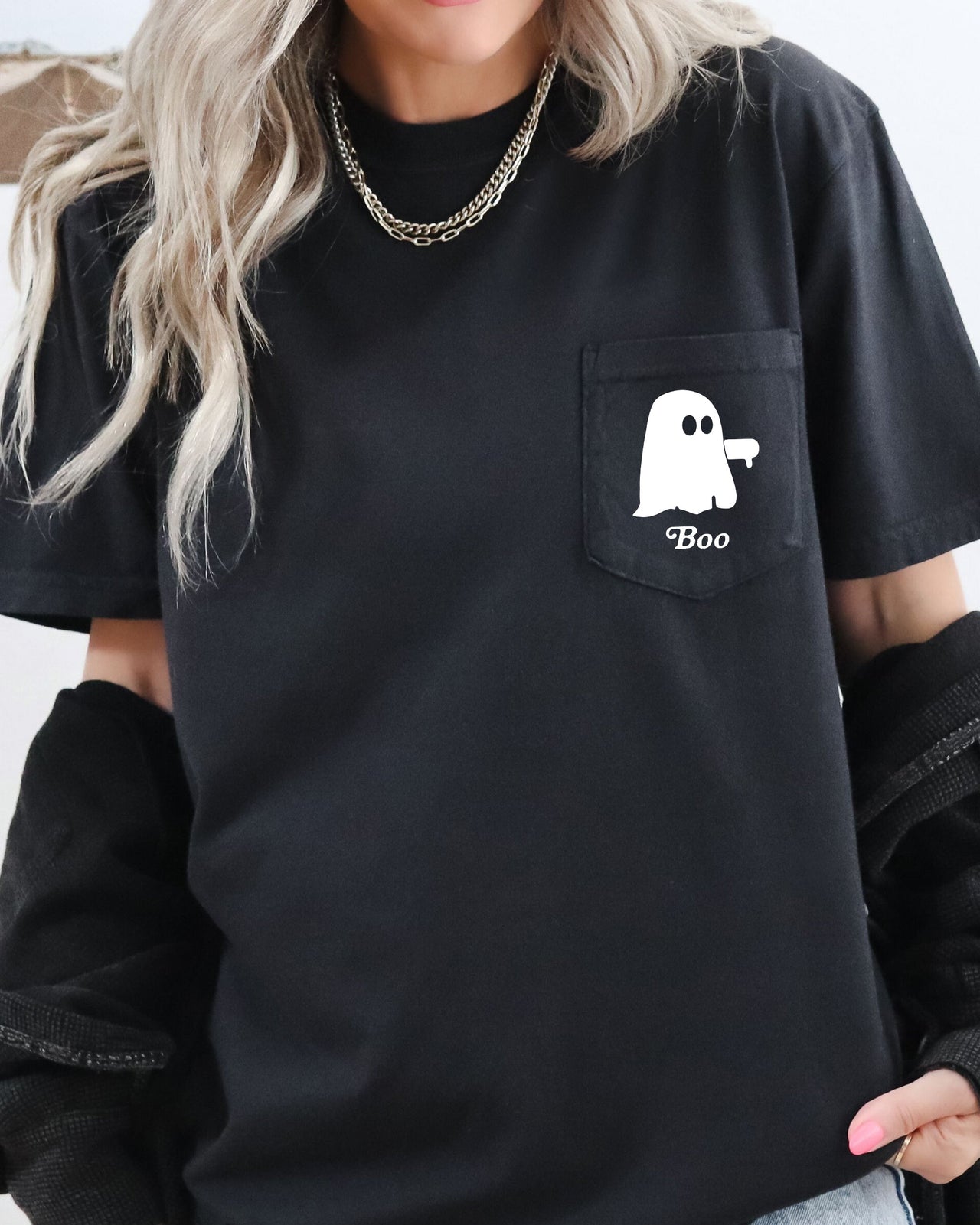 Boo Thumb Ghost Halloween Pocket Tee Graphic Illustration Featuring Friendly Ghosts Comfort Colors Tee