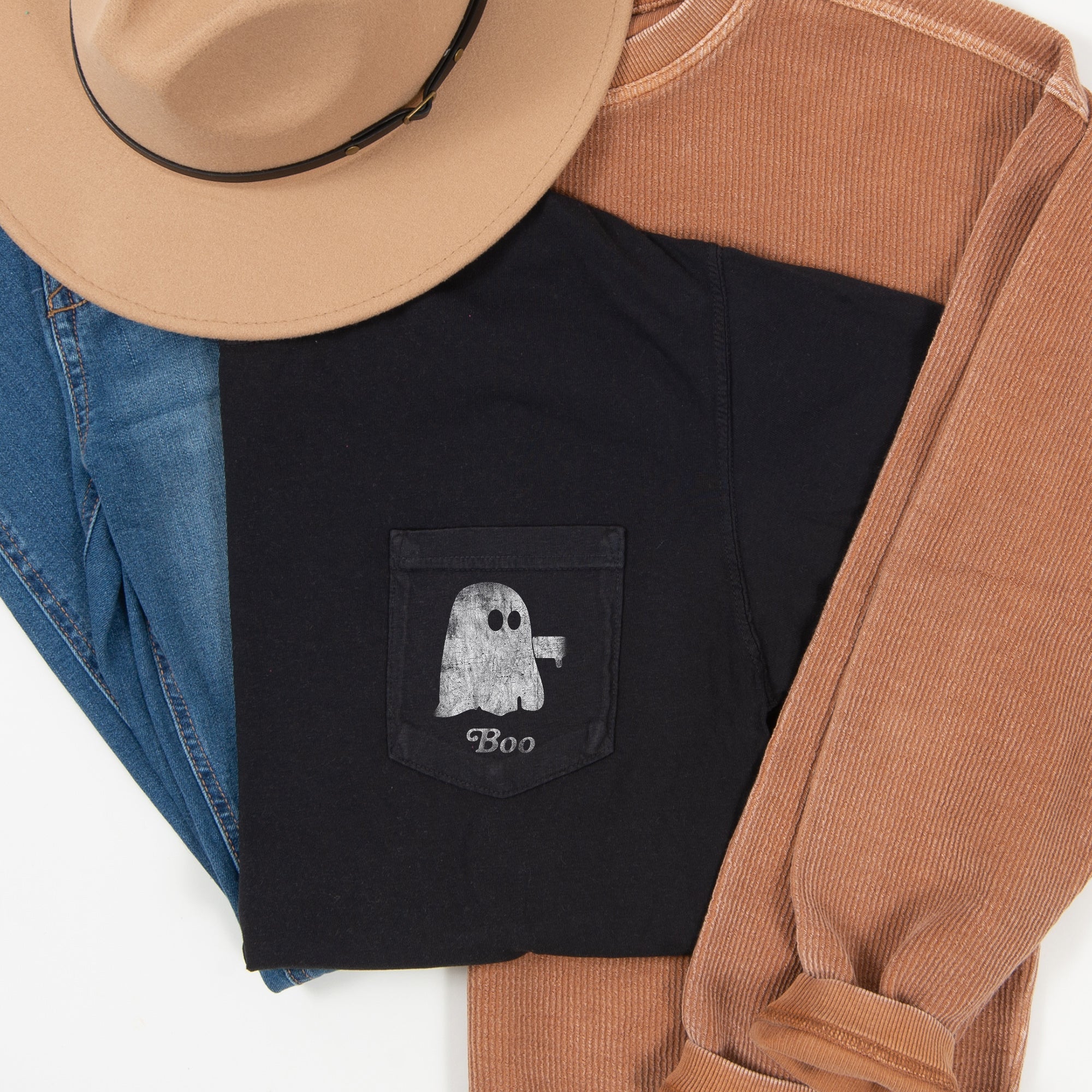 Ghost Boo Thumb Halloween Pocket Ghost Parade Graphic Spooky Edition Comfort Colors Tee