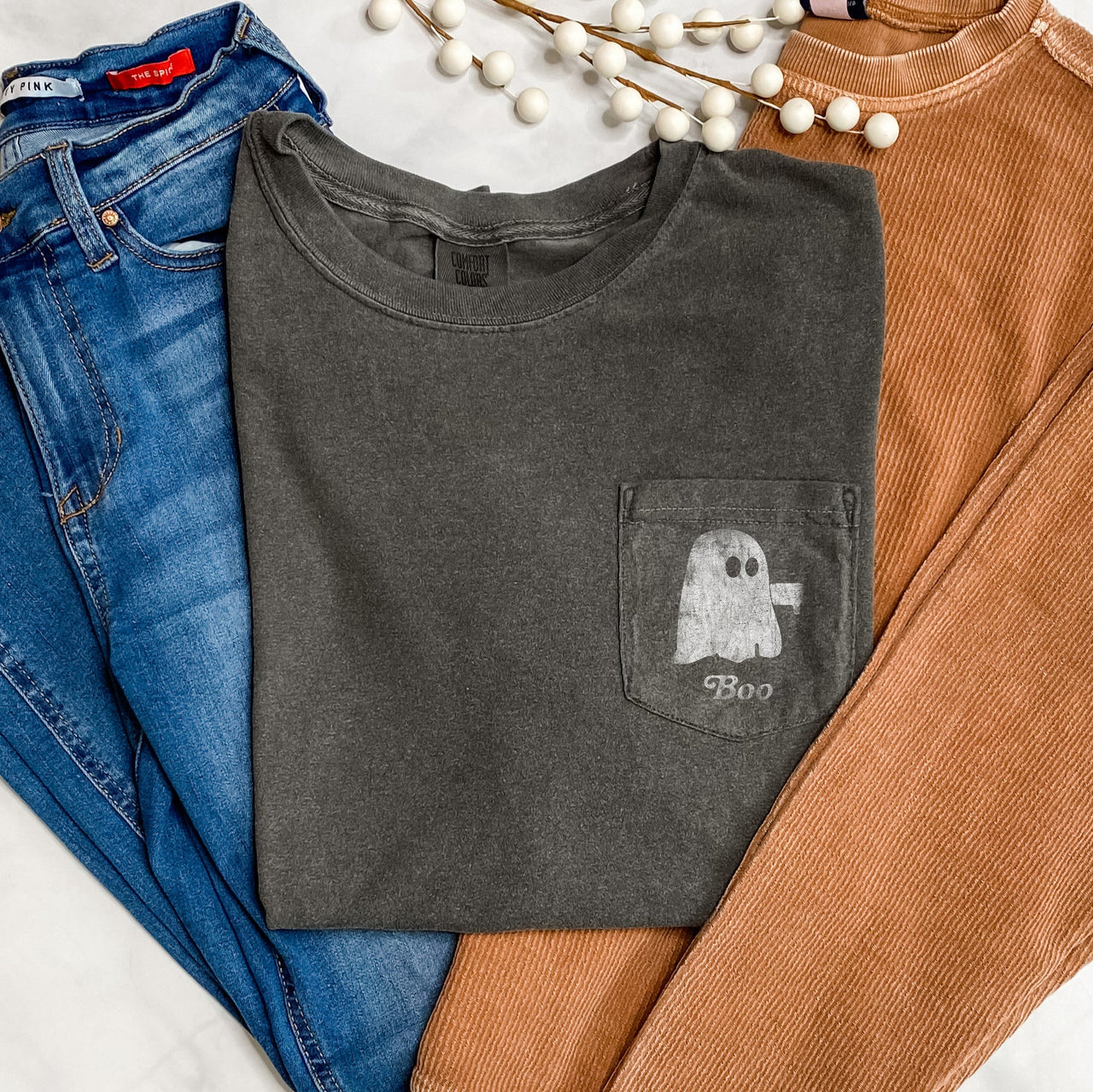 Ghost Boo Thumb Halloween Pocket Ghost Parade Graphic Spooky Edition Comfort Colors Tee