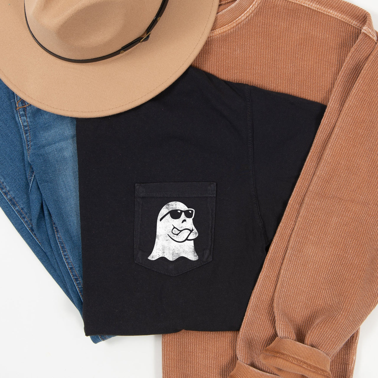 Ghost Arms Crossed Halloween Pocket Ghostly Silhouette Design For Spooky Season Comfort Colors Tee