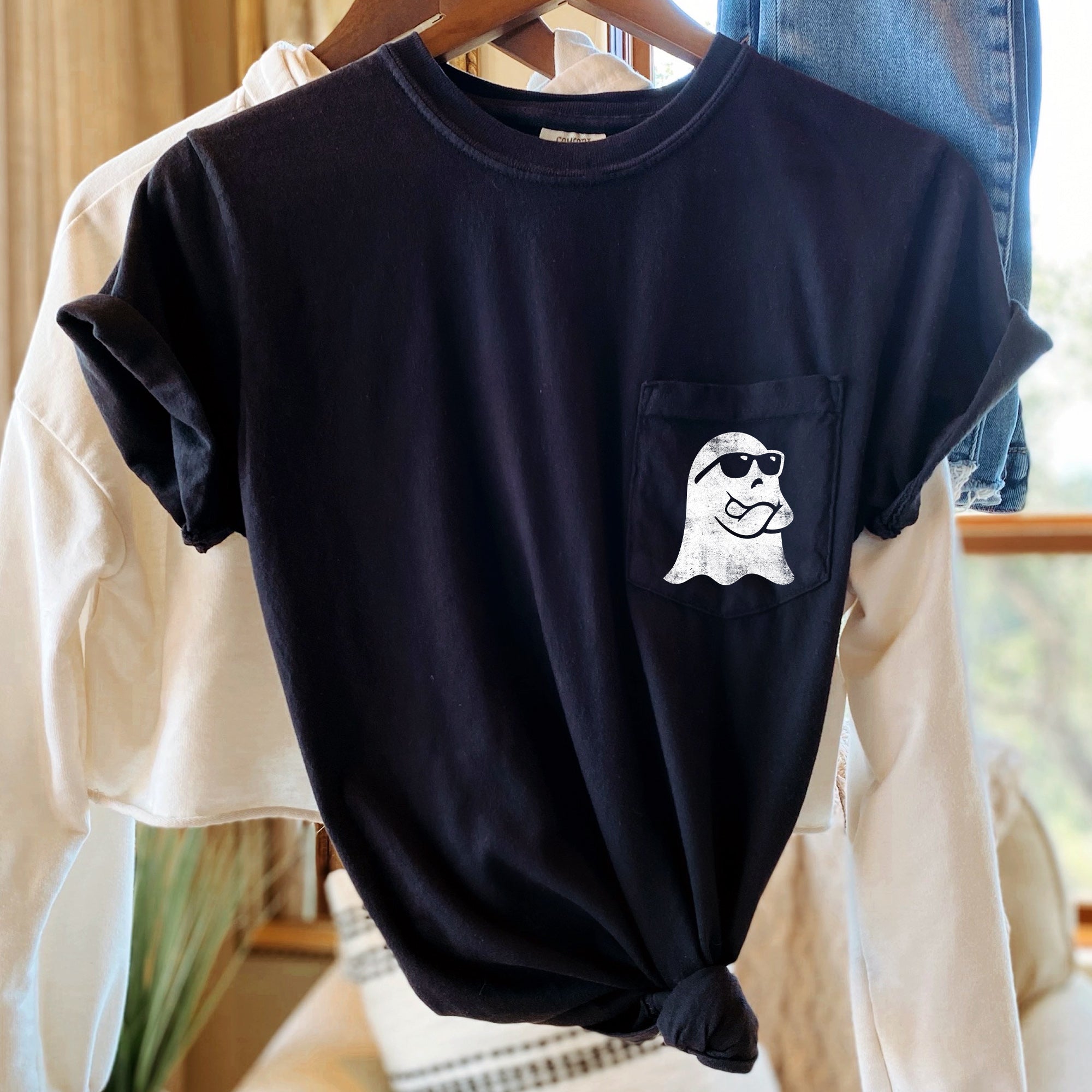 Ghost Arms Crossed Halloween Pocket Ghostly Silhouette Design For Spooky Season Comfort Colors Tee