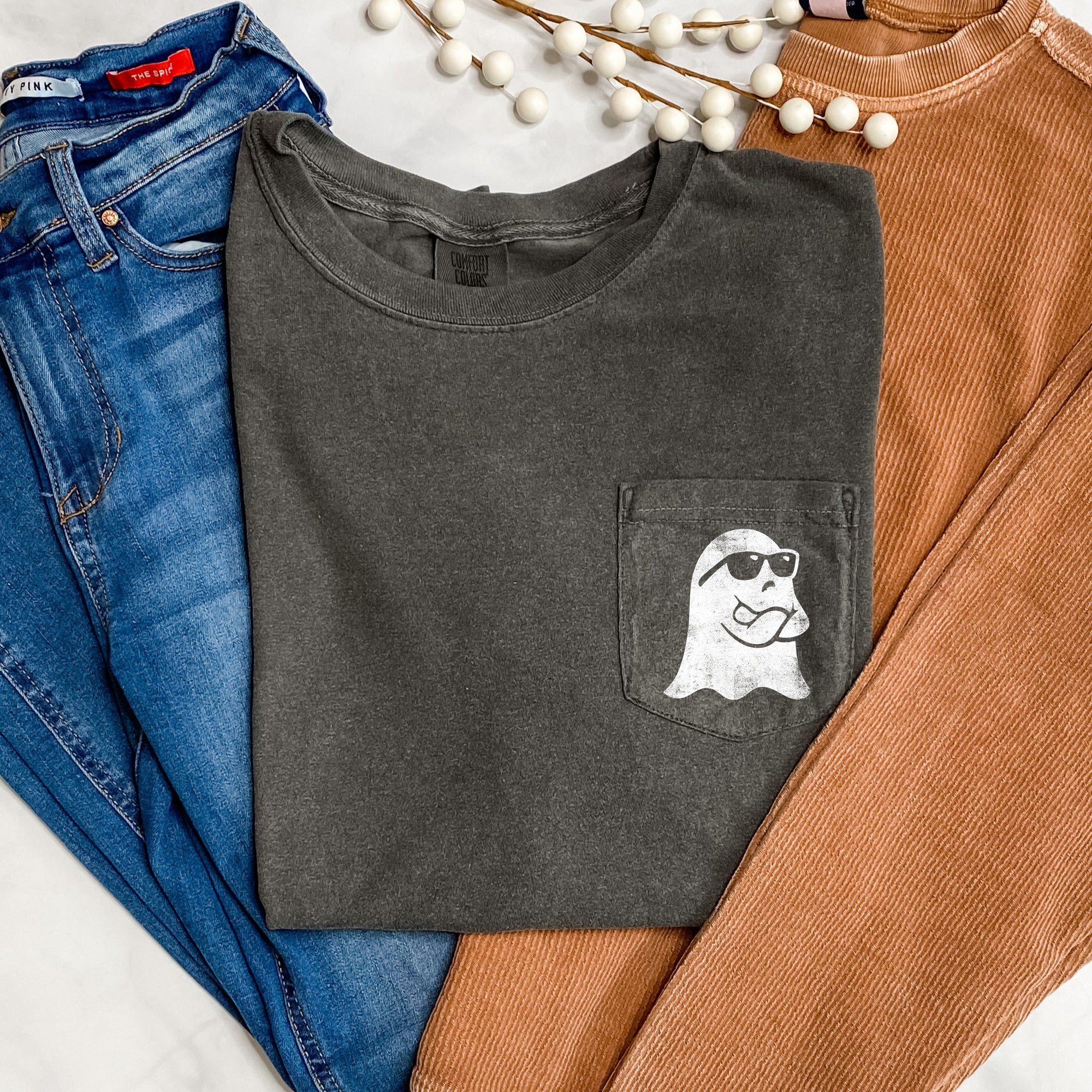 Ghost Arms Crossed Halloween Pocket Ghostly Silhouette Design For Spooky Season Comfort Colors Tee