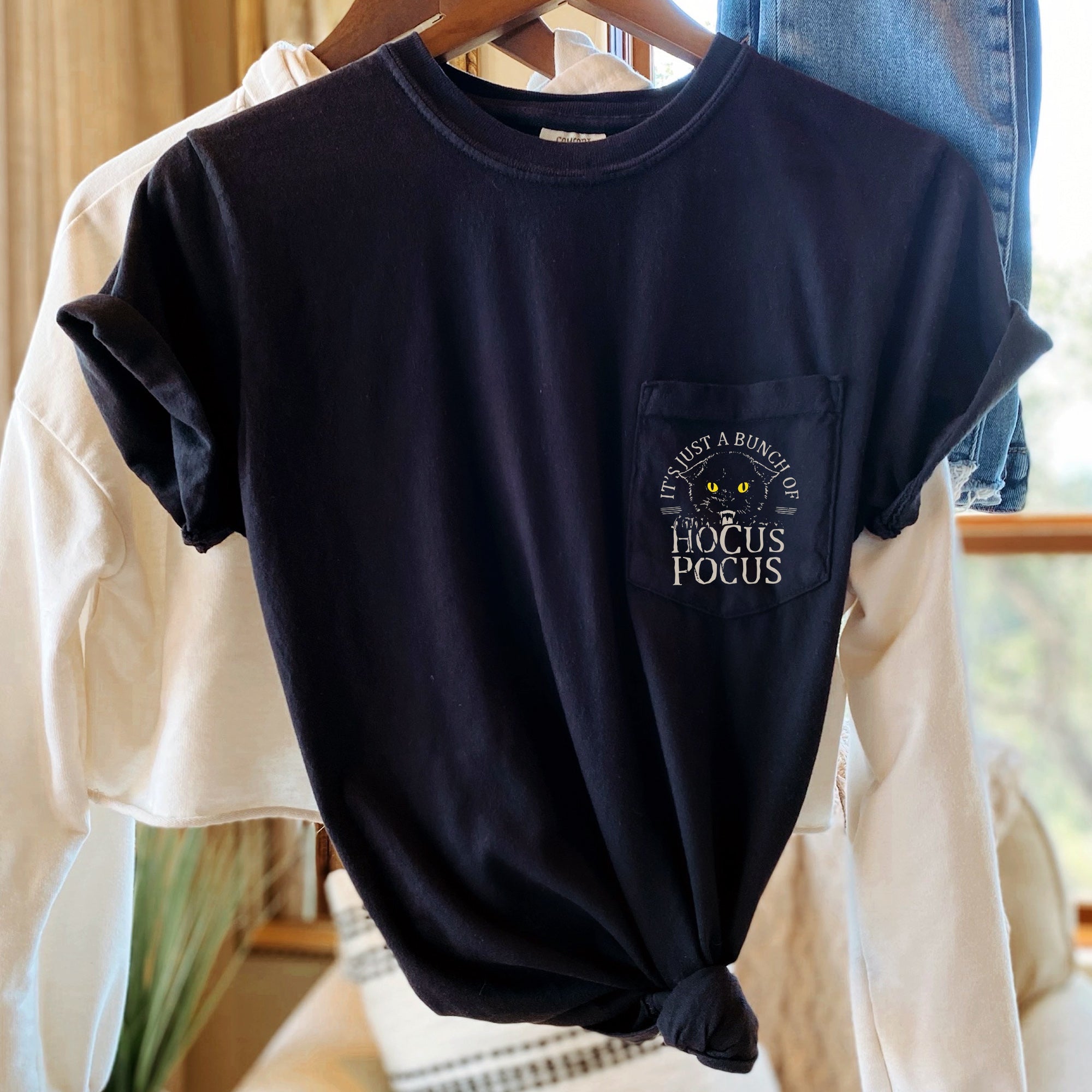 Hocus Pocus Cat Halloween Pocket All Hallows Eve Limited Edition Comfort Colors Tee