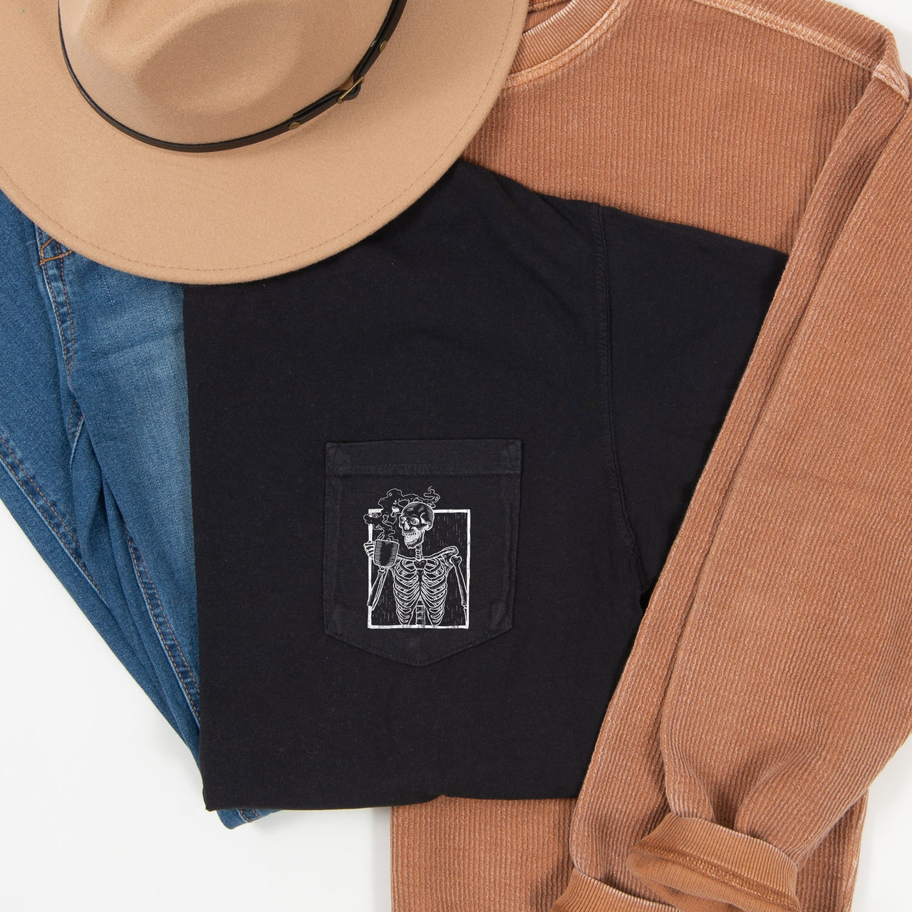 Skeleton Coffee Halloween Pocket Cozy Autumn Brew Pocket Print Collection For Halloween Season Comfort Colors Tee