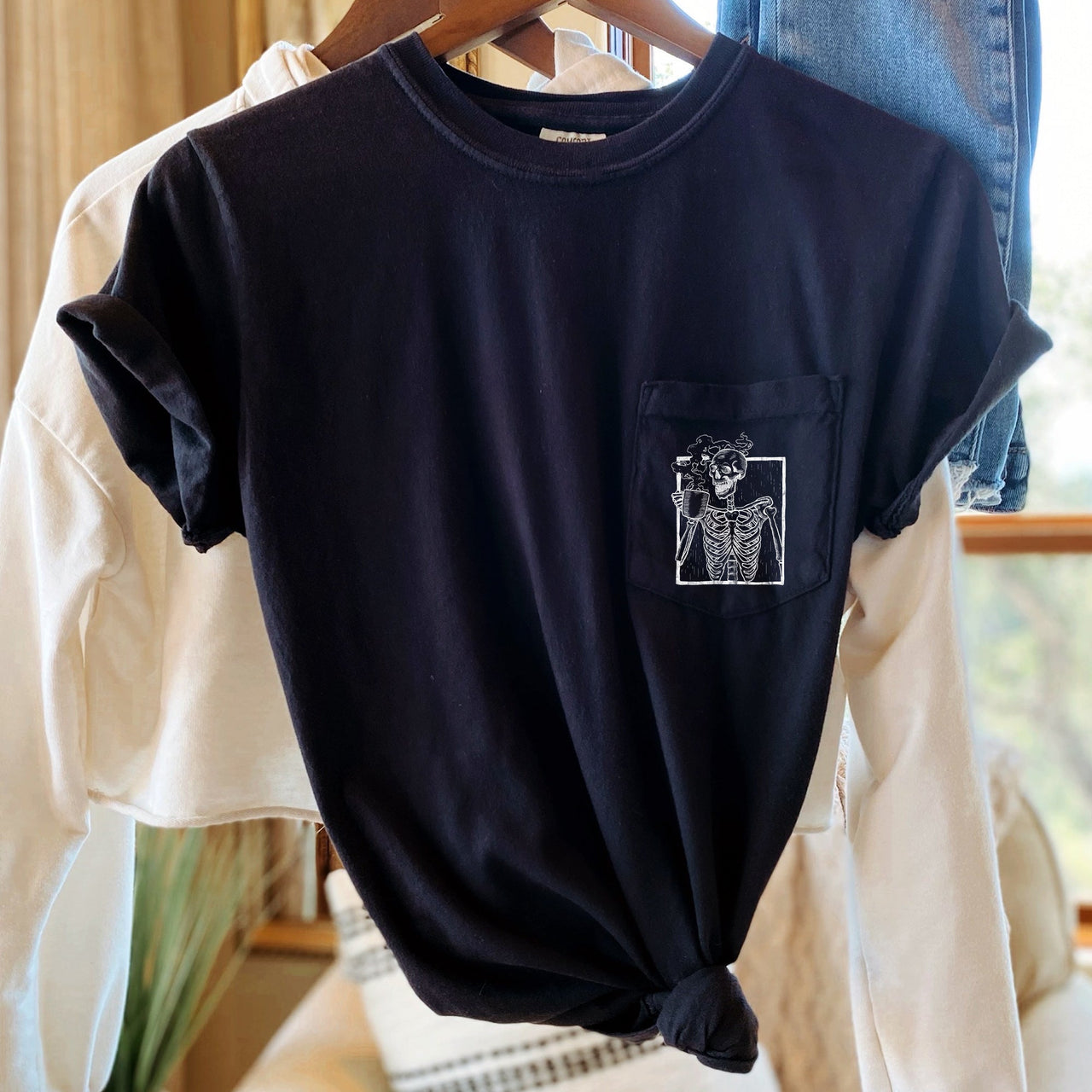 Skeleton Coffee Halloween Pocket Cozy Autumn Brew Pocket Print Collection For Halloween Season Comfort Colors Tee