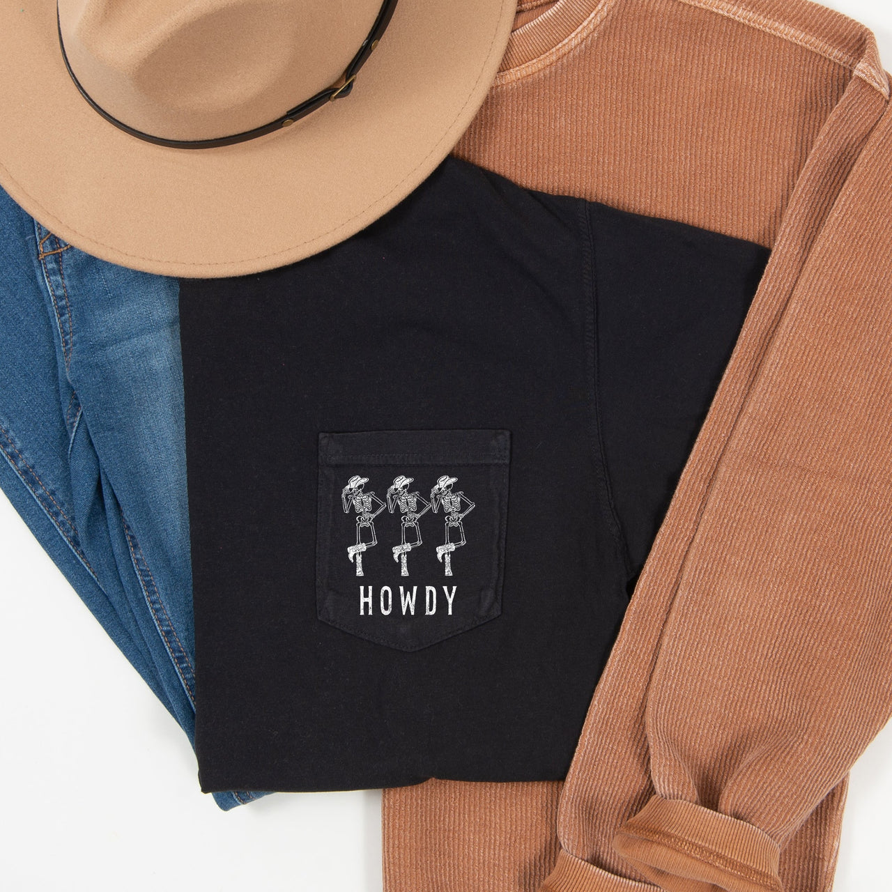 Howdy Skeletons Dancing Halloween Pocket Scene With Friendly Boo Friends Comfort Colors Tee