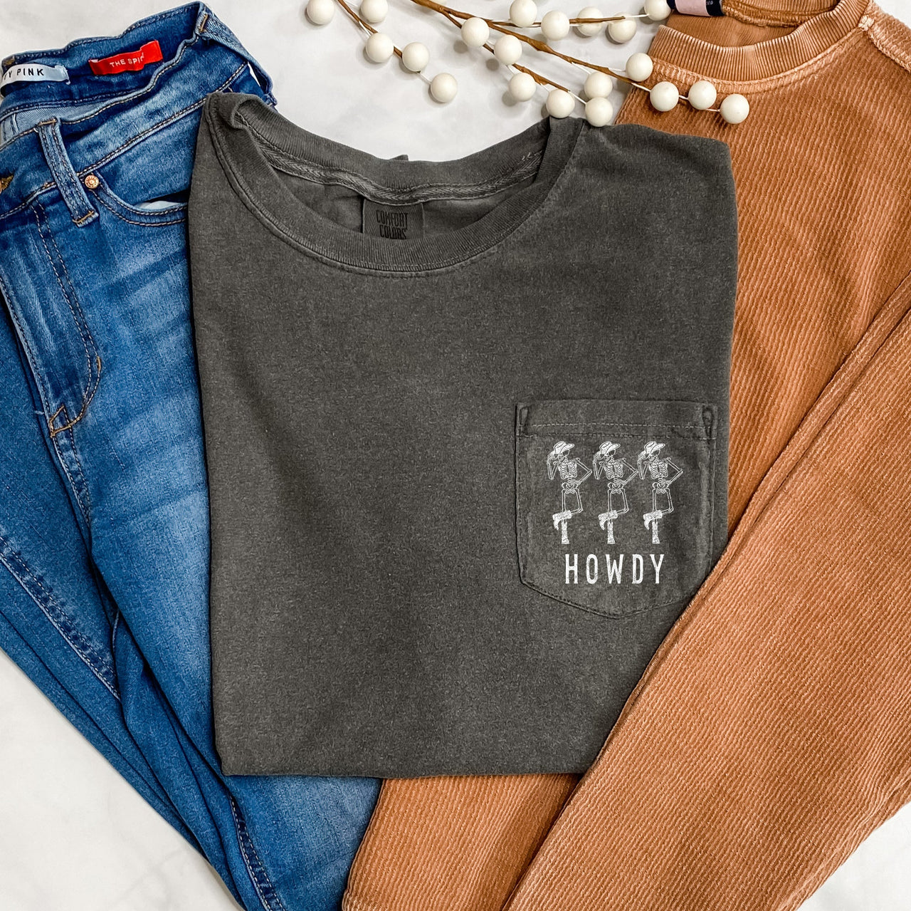 Howdy Skeletons Dancing Halloween Pocket Scene With Friendly Boo Friends Comfort Colors Tee