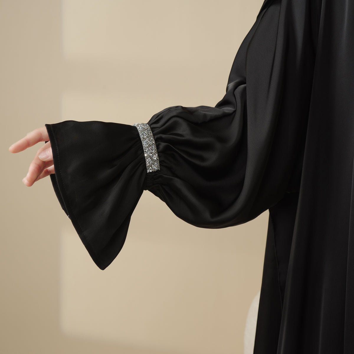 Poet Sleeve Satin Open Abaya With Matching Belt and Hijab (MOA009)