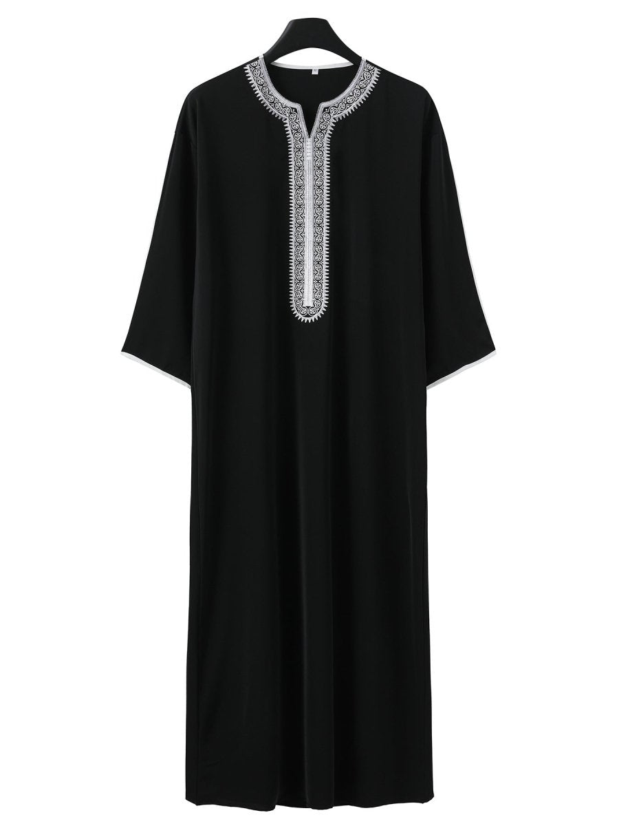 Premium Embroidered Men's Thobe Luxury Loose Fit V-Neck Muslim Robe with Handcrafted White Embroidery (MT025)