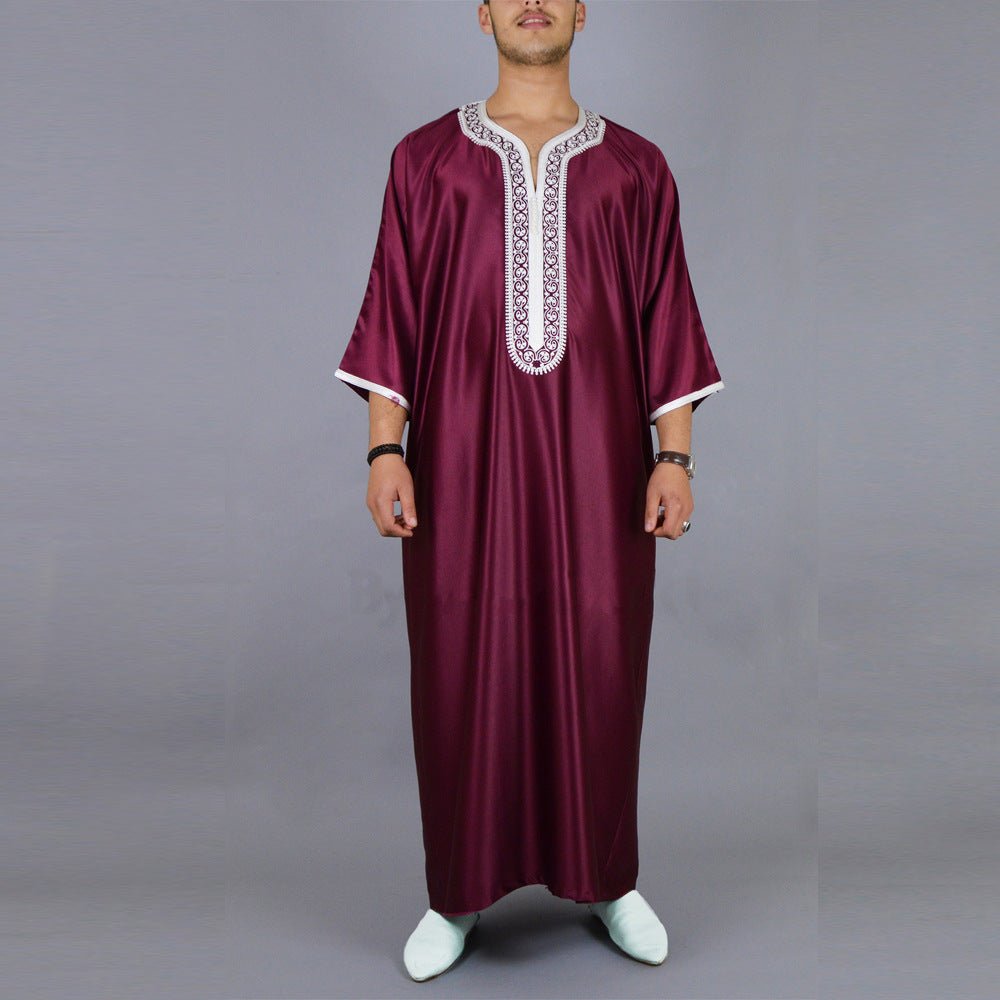 Premium Embroidered Men's Thobe Luxury Loose Fit V-Neck Muslim Robe with Handcrafted White Embroidery (MT025)