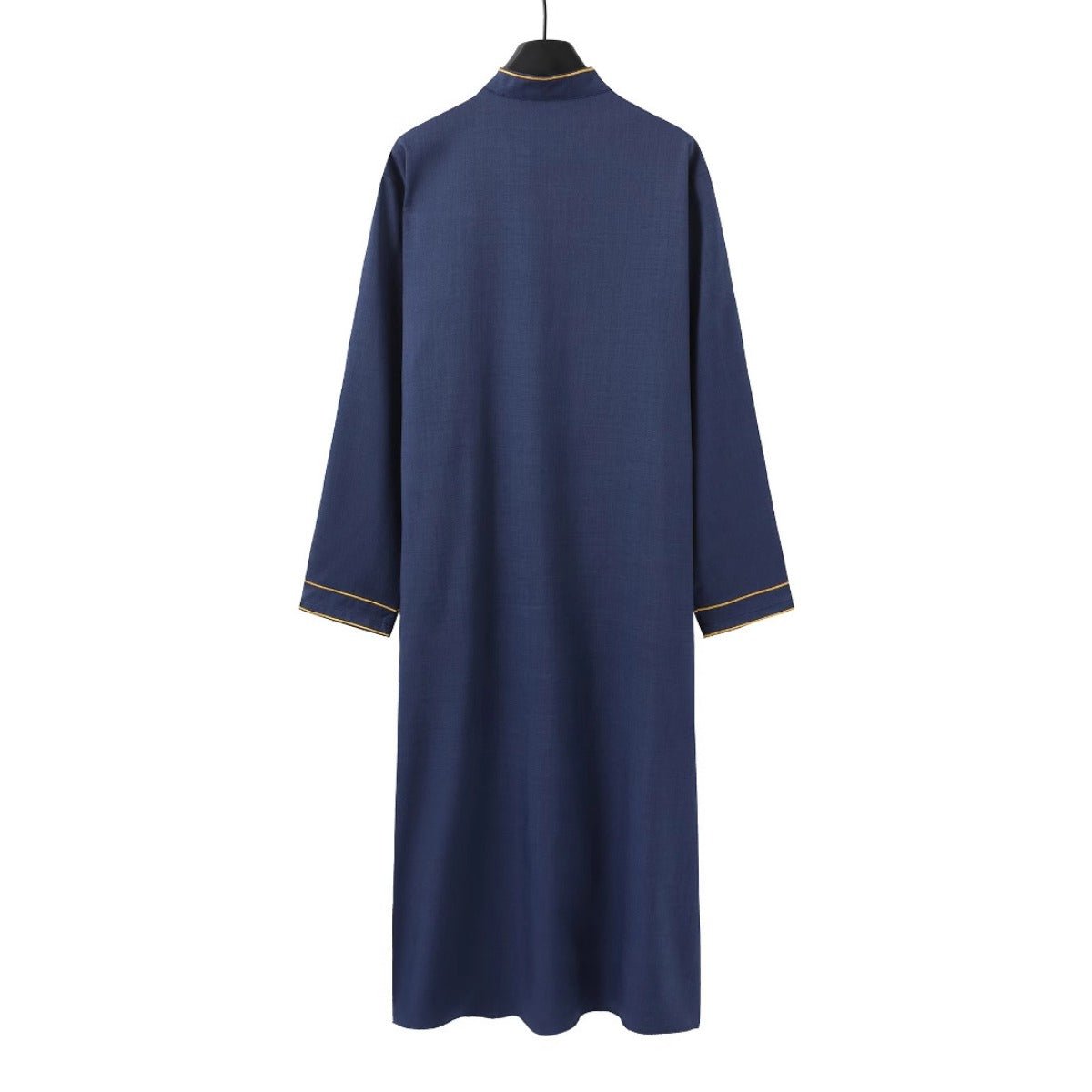 Premium Embroidered Stand Collar Thobe Navy & White Loose Fit Muslim Robe with Gold Stitching - Modest Casual Wear (MT034)