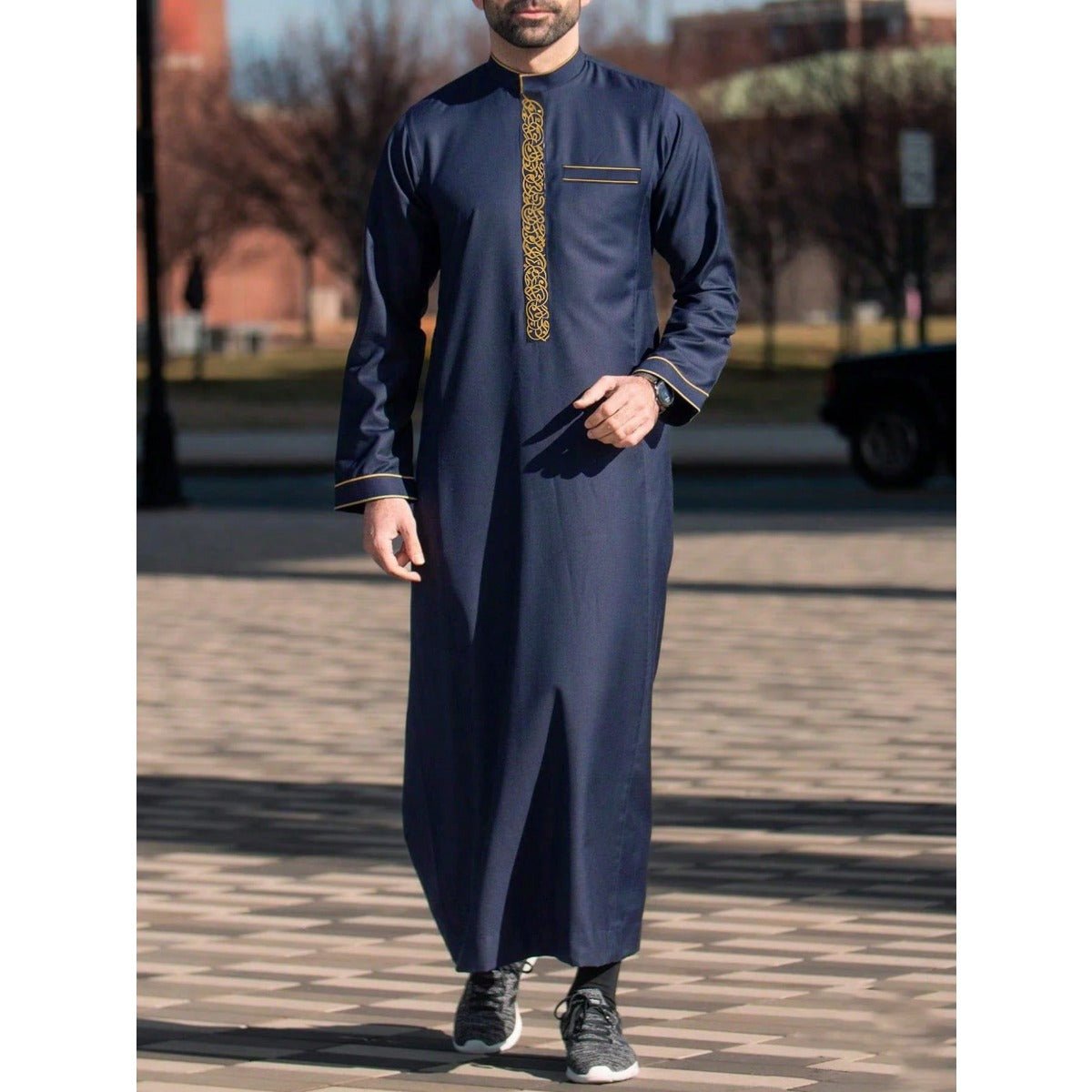 Premium Embroidered Stand Collar Thobe Navy & White Loose Fit Muslim Robe with Gold Stitching - Modest Casual Wear (MT034)