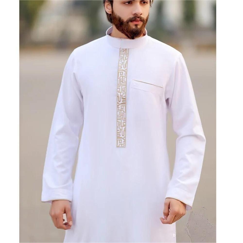 Premium Gold Islamic Geometric Print Men's Thobe Long Robe with Stand Collar & Side Pocket (MT028)