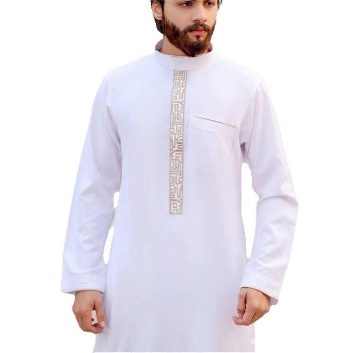 Premium Gold Islamic Geometric Print Men's Thobe Long Robe with Stand Collar & Side Pocket (MT028)