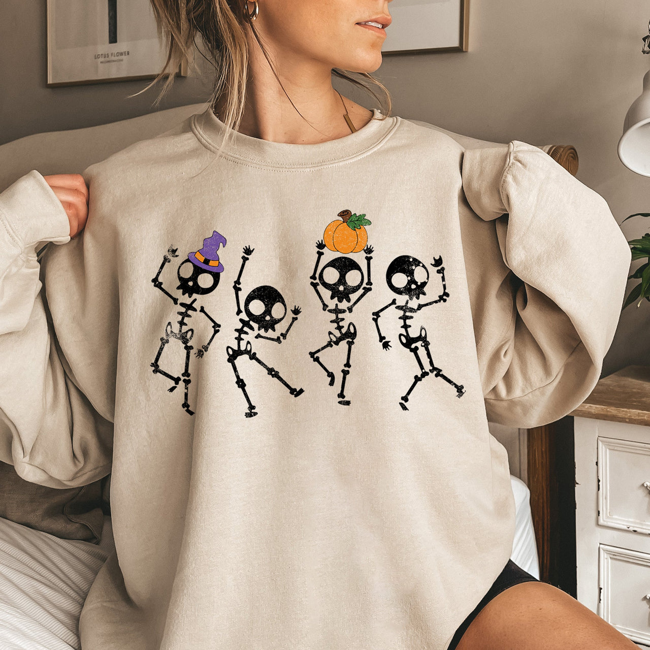Pumpkin Dancing Skeletons Graphic Sweatshirt With Cozy Fleece Lining And Halloween Spirit