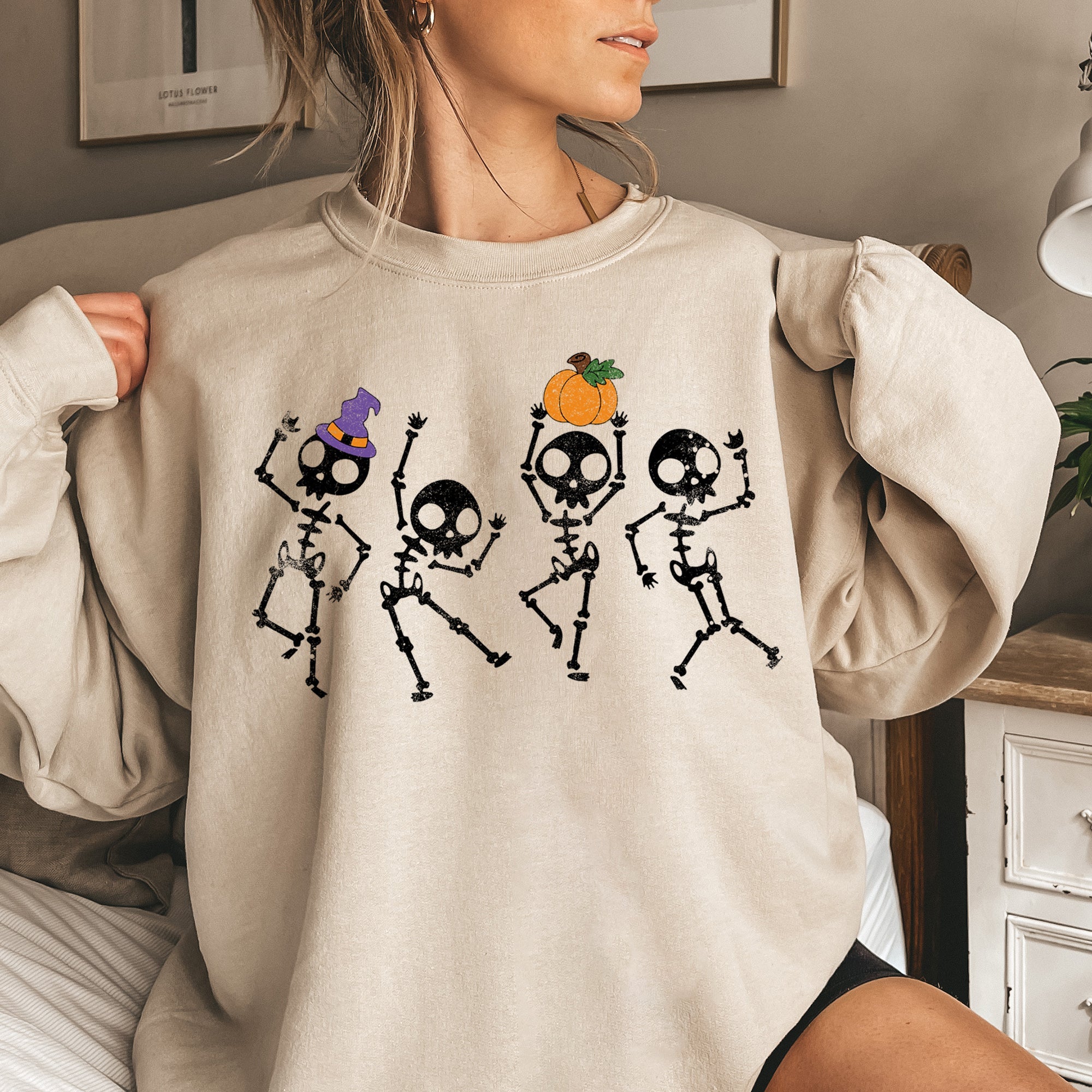 Pumpkin Dancing Skeletons Graphic Sweatshirt With Cozy Fleece Lining And Halloween Spirit