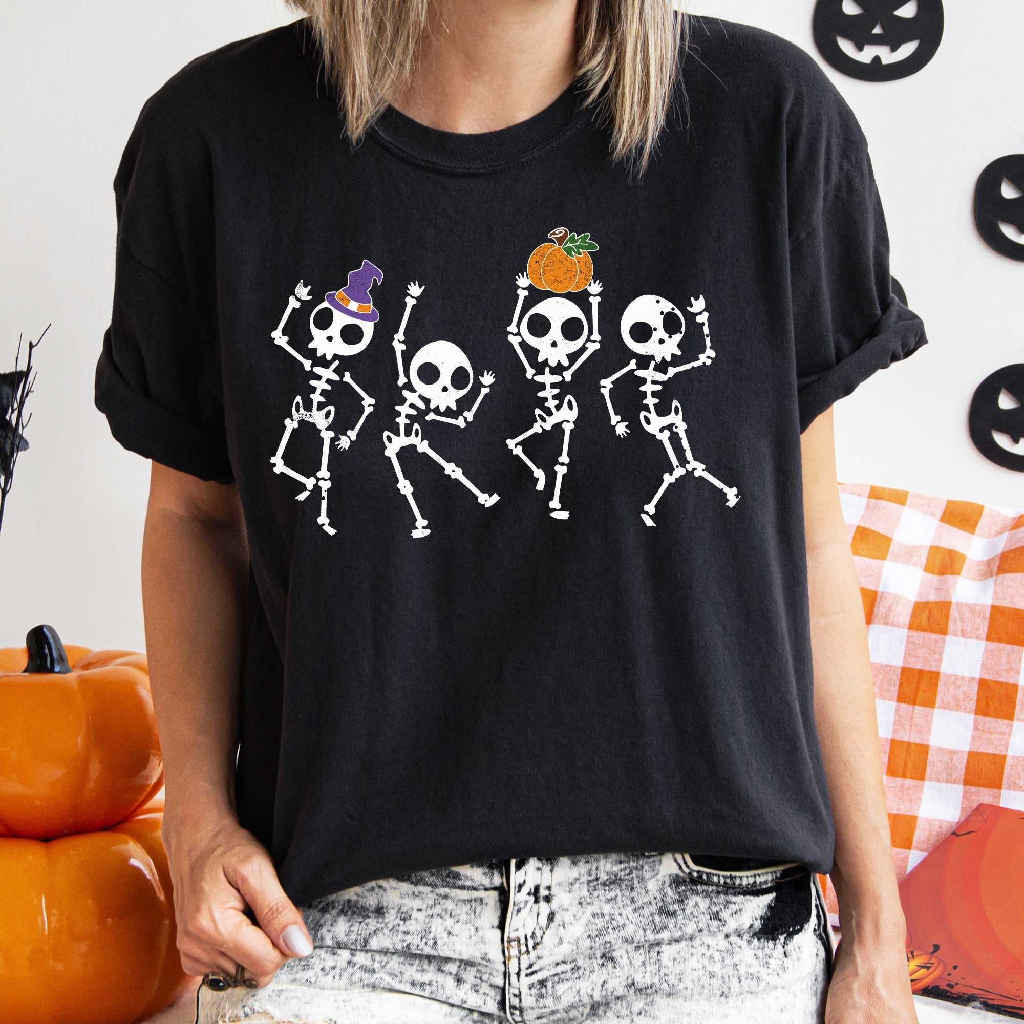 Pumpkin Dancing Skeletons Retro Halloween Night Parade Of Spooky Jamboree Comfort Colors Tee