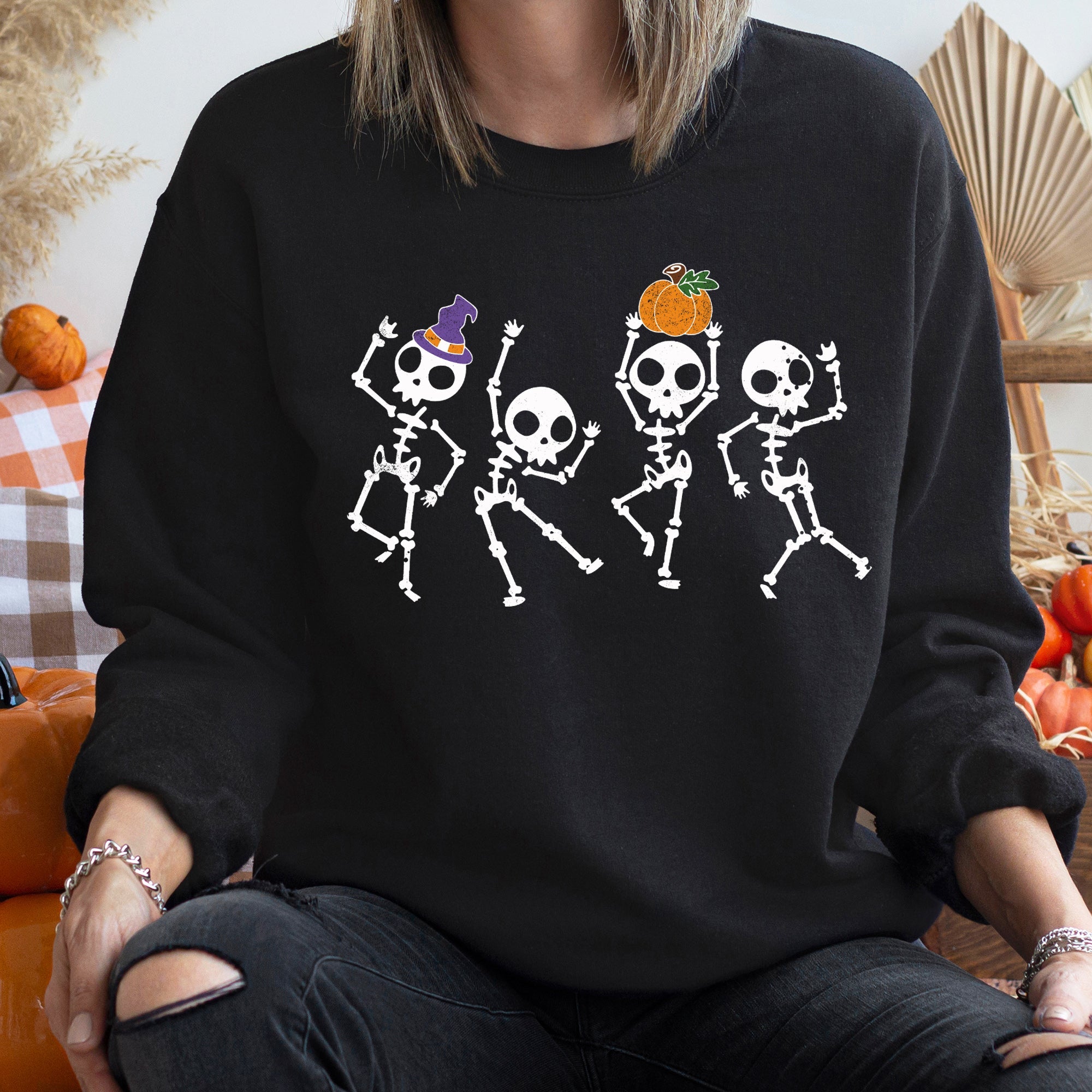 Pumpkin Dancing Skeletons Halloween Night Vintage Cozy Seasonal Favorite Sweatshirt