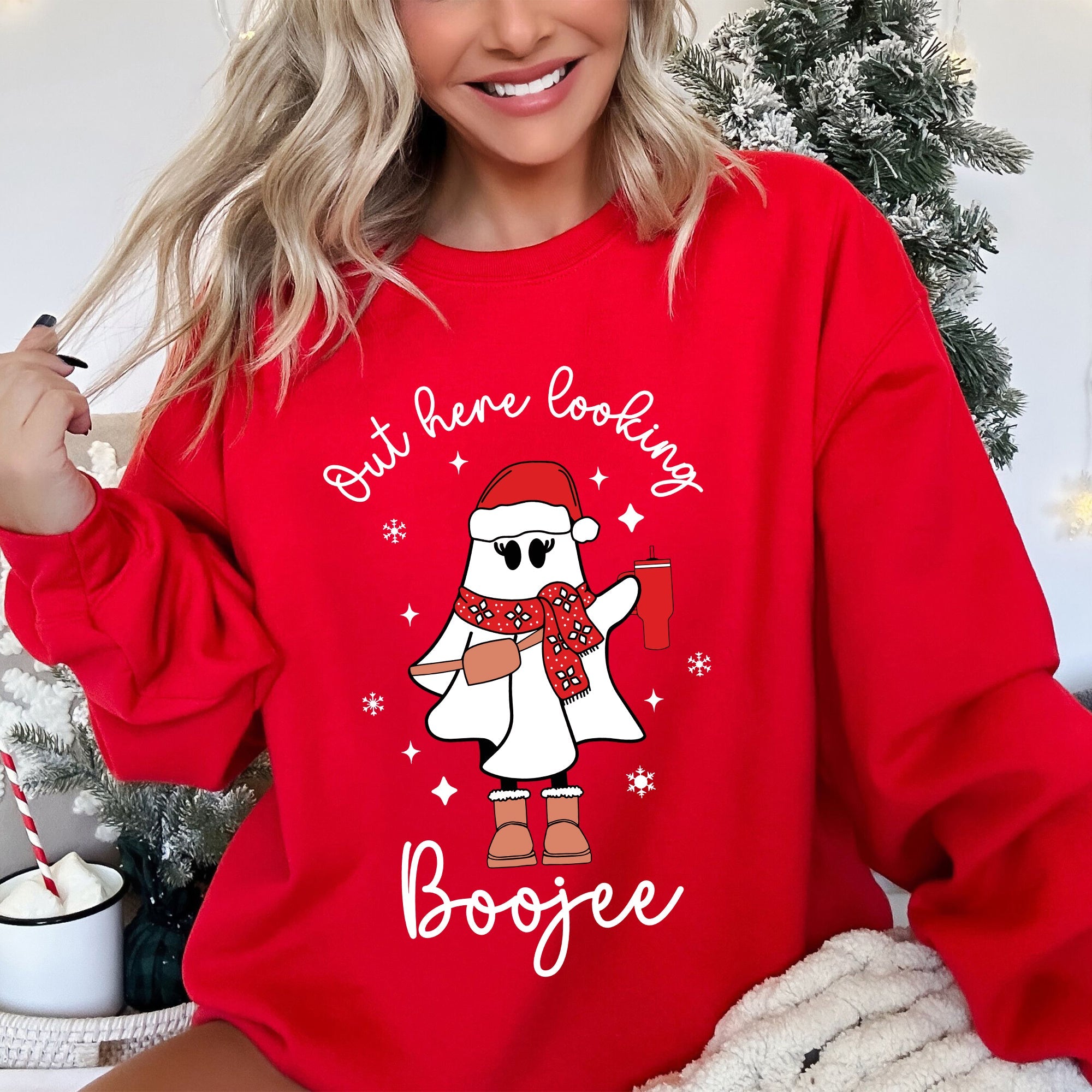 Boojee Ghost Bougie Christmas Holiday Humor Cozy Winter Wardrobe Festive Spirit Sweatshirt