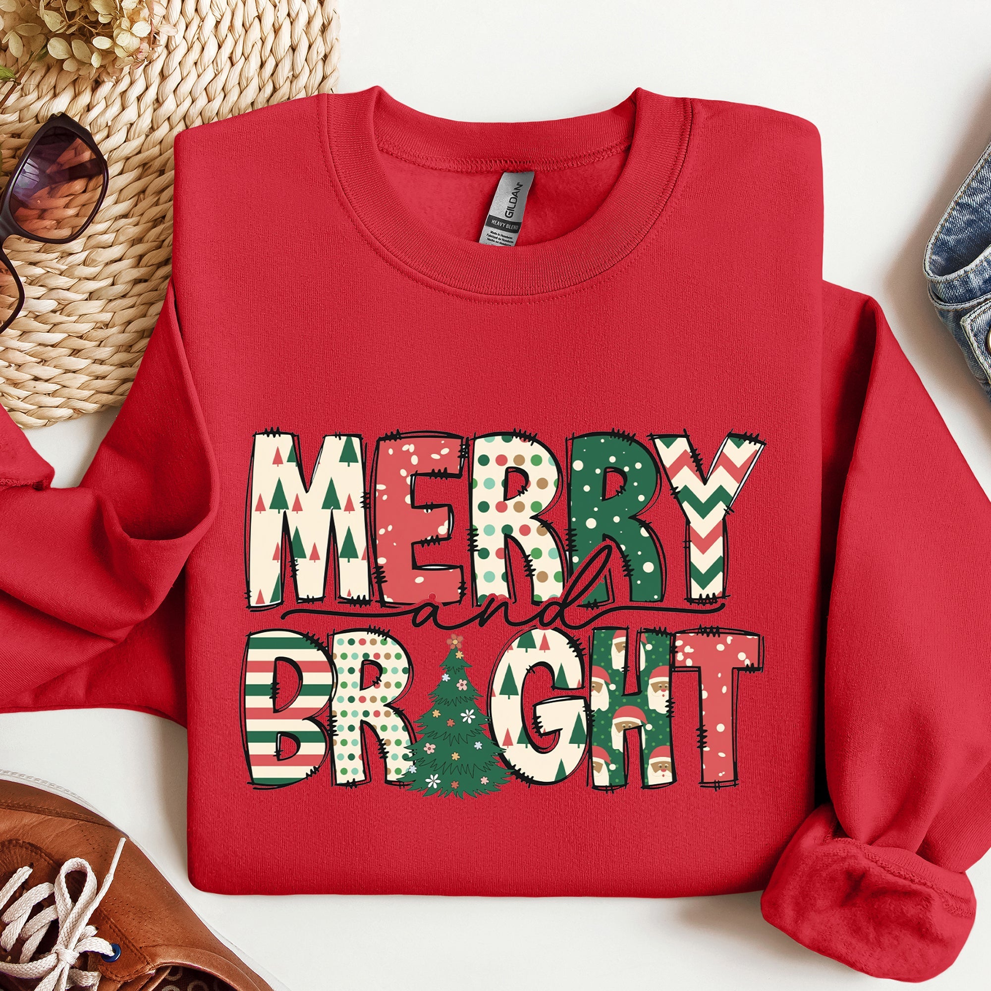 Merry And Bright Christmas Cheer Festive Holiday Lights Snowflake Motif Cozy Cotton Fleece Sweatshirt