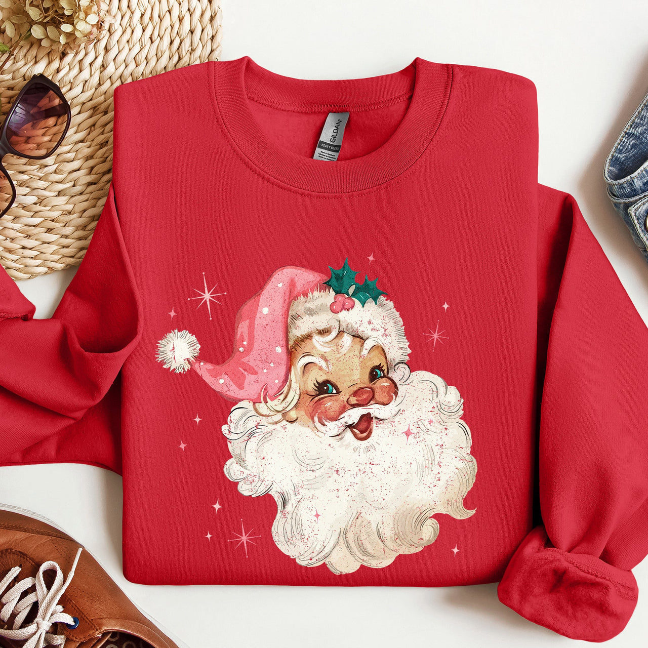 Retro Santa Vintage Classic Christmas Star Motif Warm Cozy Holiday Spirit Sweatshirt