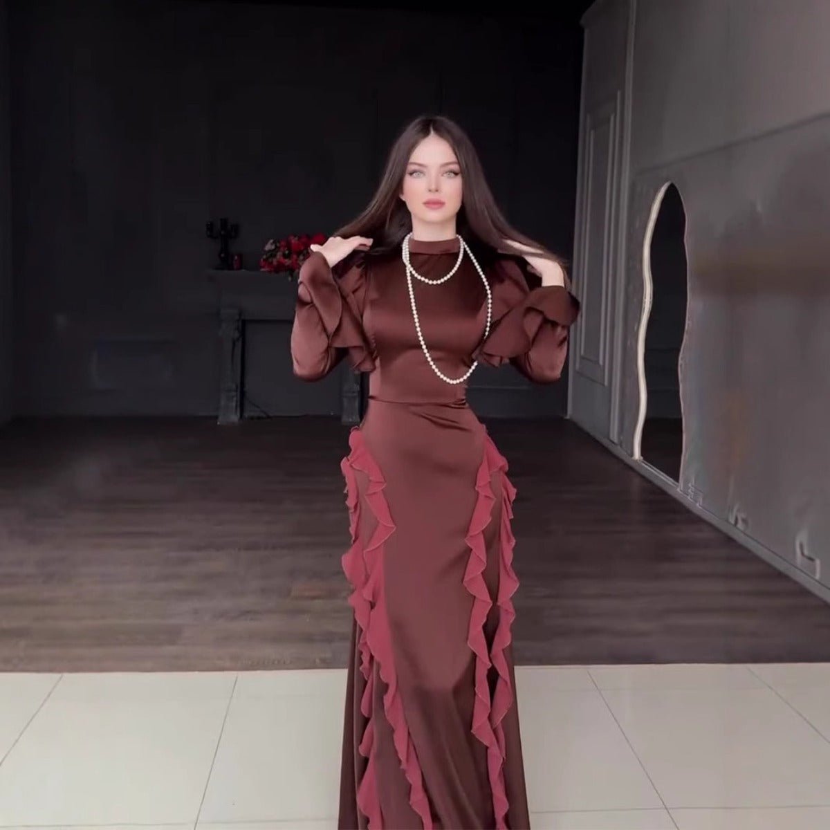 Regal Satin Court Dress Semi-Turtleneck Chiffon Lace-Up Maxi with Bell Sleeves & Tiered Ruffles (MA235)