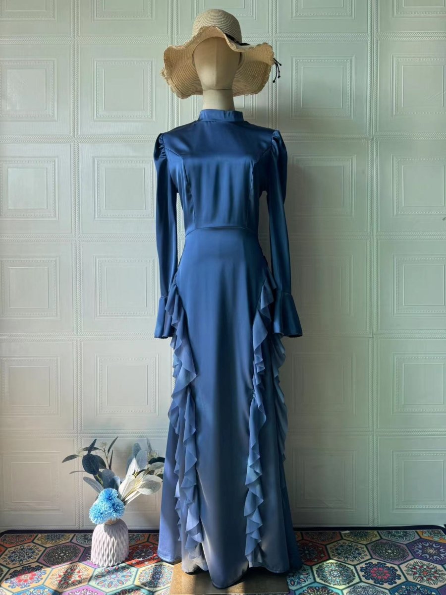 Regal Satin Court Dress Semi-Turtleneck Chiffon Lace-Up Maxi with Bell Sleeves & Tiered Ruffles (MA235)