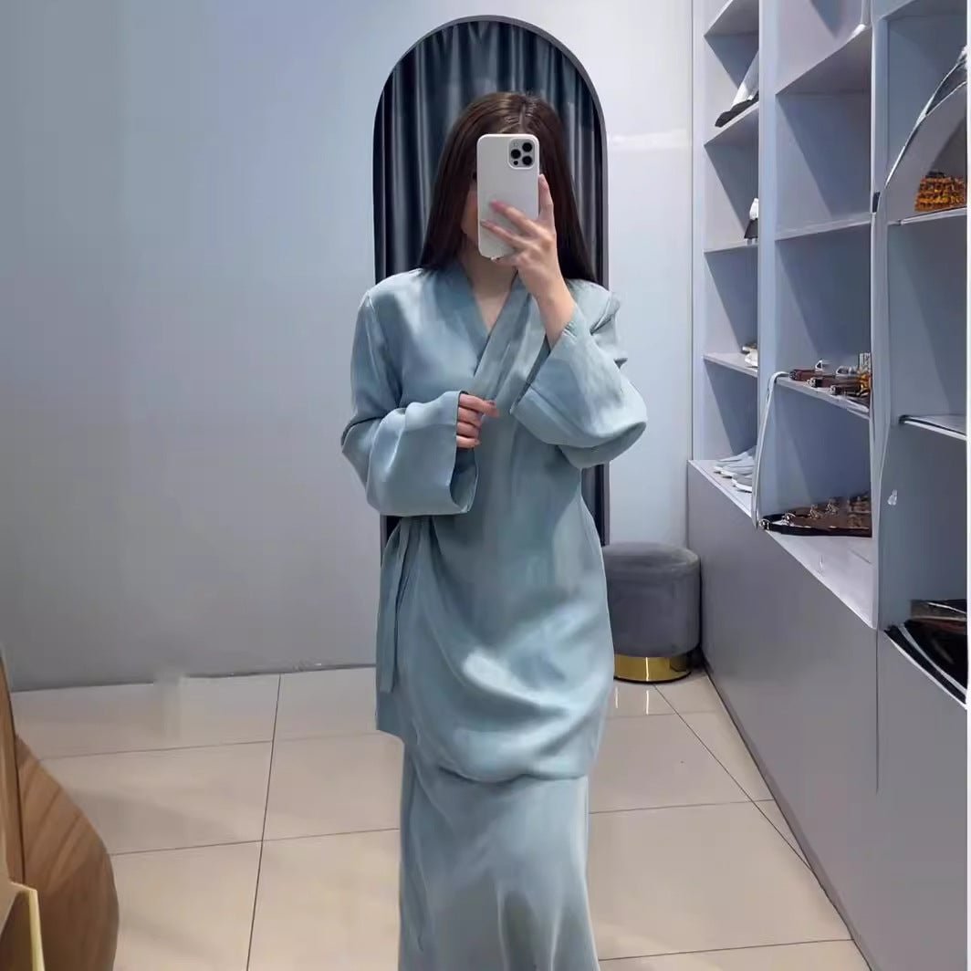 Relaxed Kimono Sleeve Sky Blue Glazed Forged Waist Pajama-Style Abaya Dress Set(MA209)