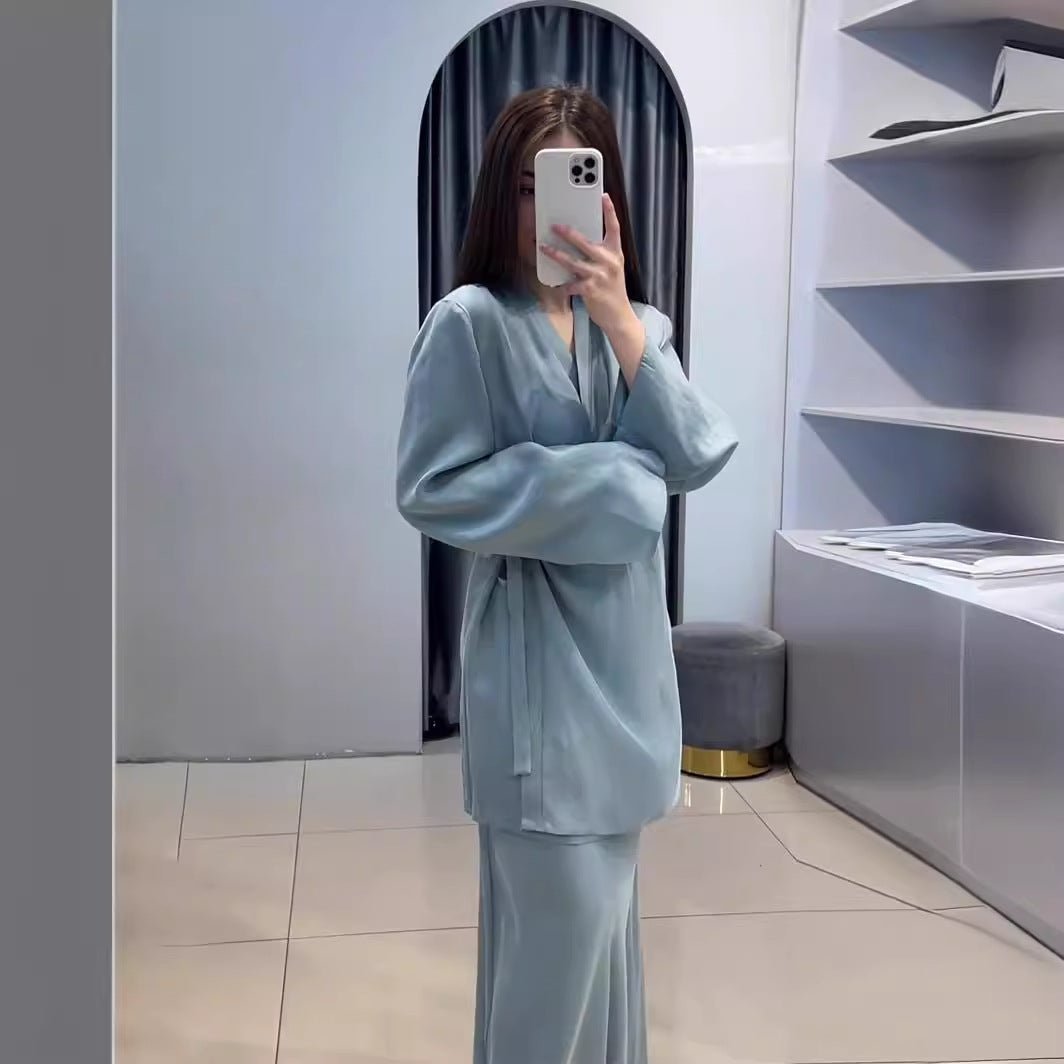 Relaxed Kimono Sleeve Sky Blue Glazed Forged Waist Pajama-Style Abaya Dress Set(MA209)