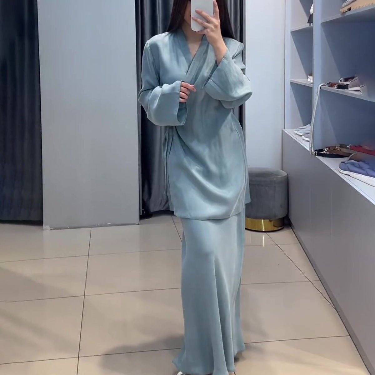 Relaxed Kimono Sleeve Sky Blue Glazed Forged Waist Pajama-Style Abaya Dress Set(MA209)