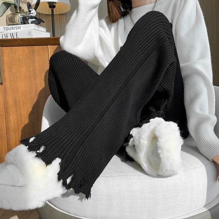 Ribbed Knit Frayed Wide Leg Pants | High Waist Drawstring Flare Pants(MS164)