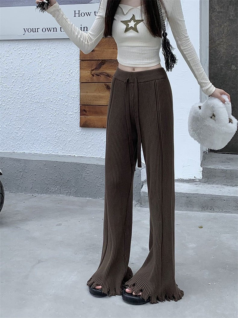 Ribbed Knit Frayed Wide Leg Pants | High Waist Drawstring Flare Pants(MS164)