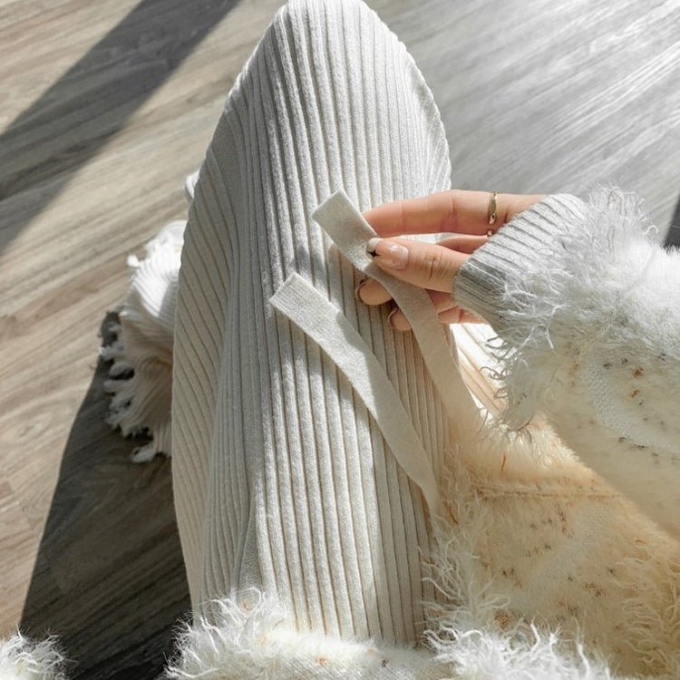 Ribbed Knit Frayed Wide Leg Pants | High Waist Drawstring Flare Pants(MS164)