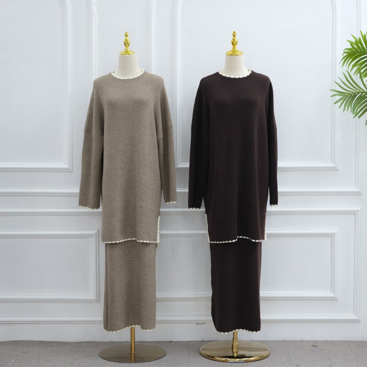 Ribbed Knit Sweater & Skirt Set with Contrast Trim (MS301)