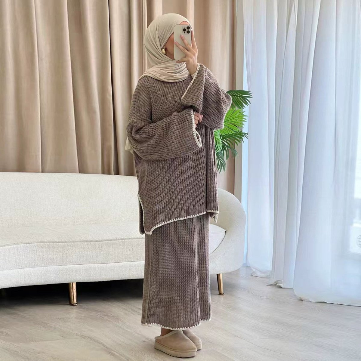 Ribbed Knit Sweater & Skirt Set with Contrast Trim (MS301)