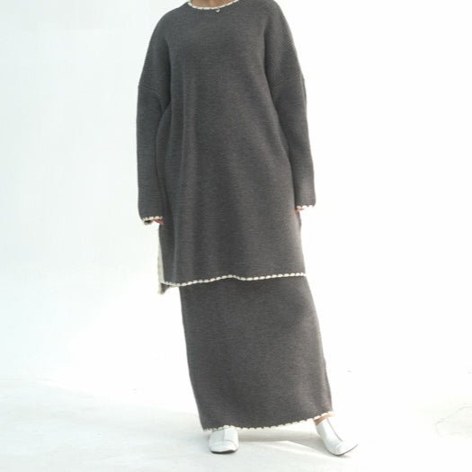 Ribbed Knit Sweater & Skirt Set with Contrast Trim (MS301)
