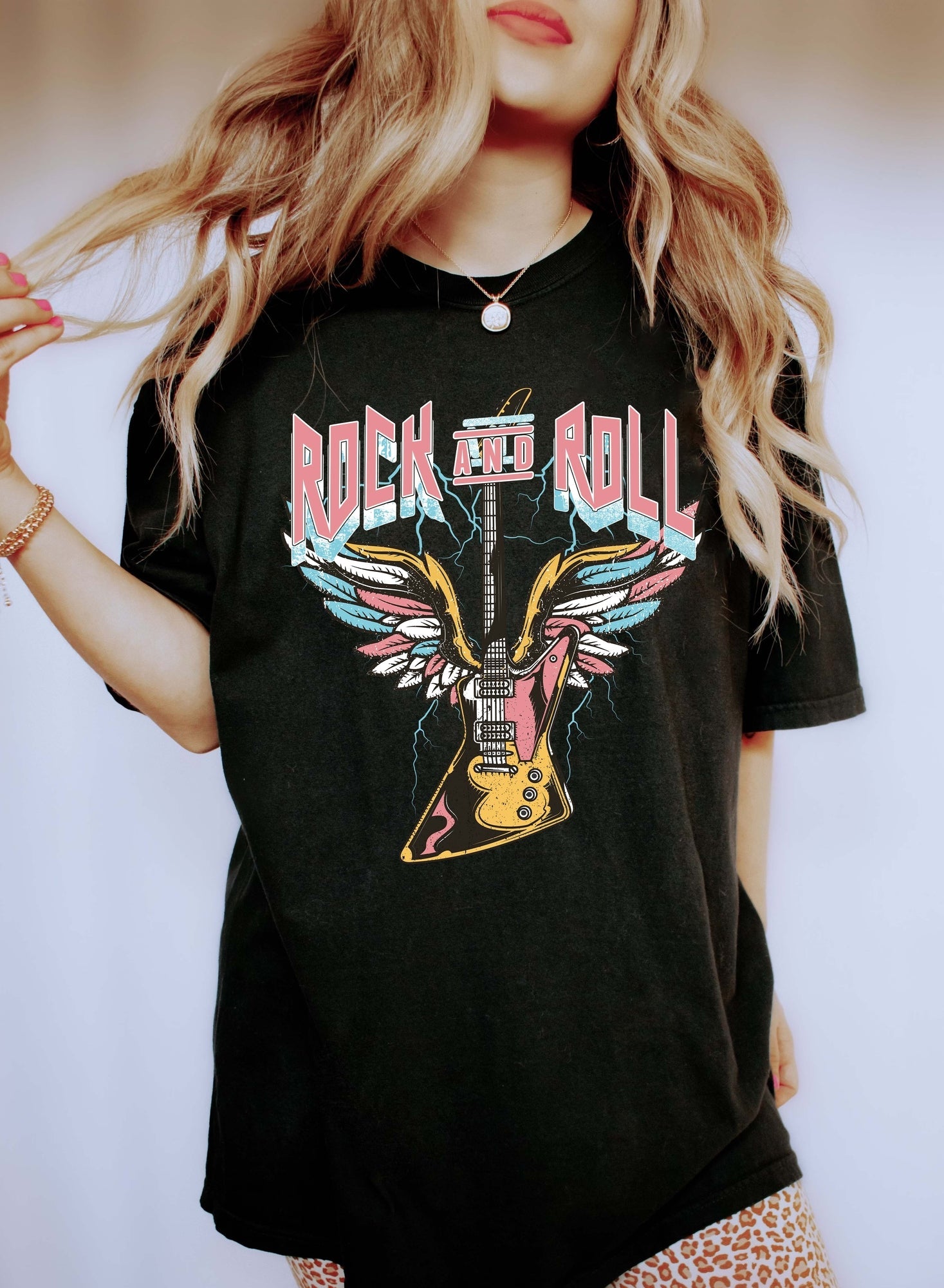Rock And Roll Colorful Guitar Graphic Artwork Printed On Premium Comfort Colors Tee