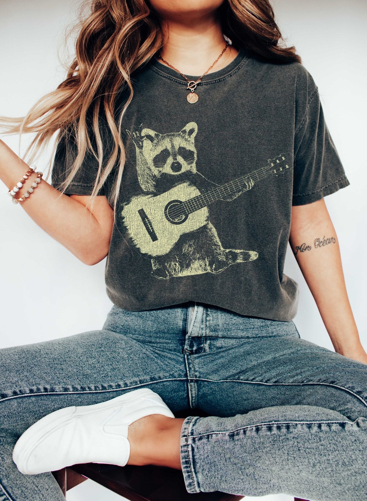 Raccoon Playing Guitar Music Design For Music Lovers Forest Critter Illustration Comfort Colors Tee