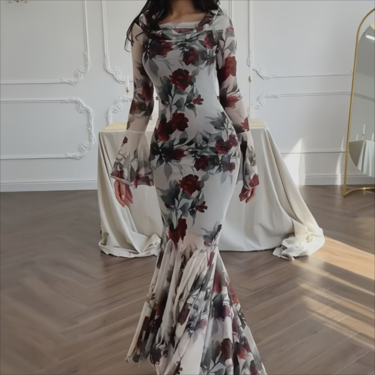 Romantic Floral Mermaid Dress | Elegant Ruffle Hem Long Sleeve French Style Maxi Dress(MS268)
