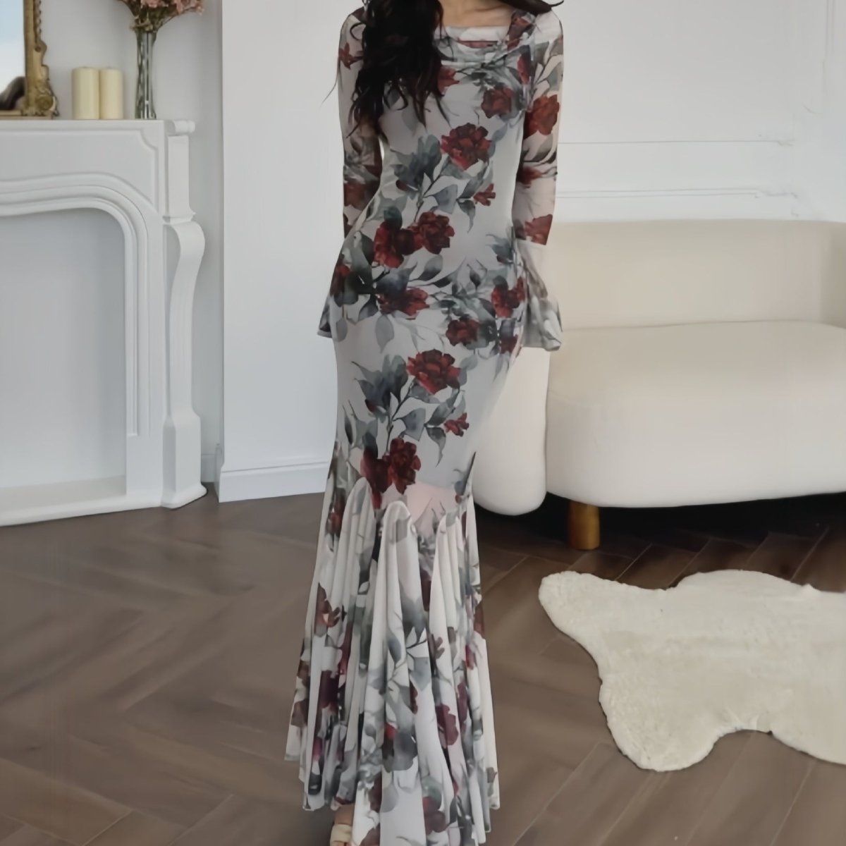 Romantic Floral Mermaid Dress | Elegant Ruffle Hem Long Sleeve French Style Maxi Dress(MS268)